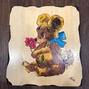 Vintage Hand Painted Bear Cute Wood Painting Picture Art 9.5"x10.5"